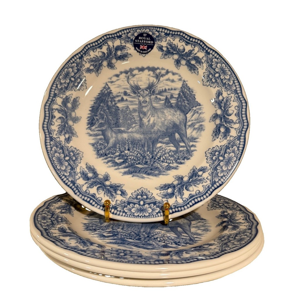 Royal Stafford Homeland STAG Dinner Plates 11in Set of 4 Blue Thanksgiving NEW